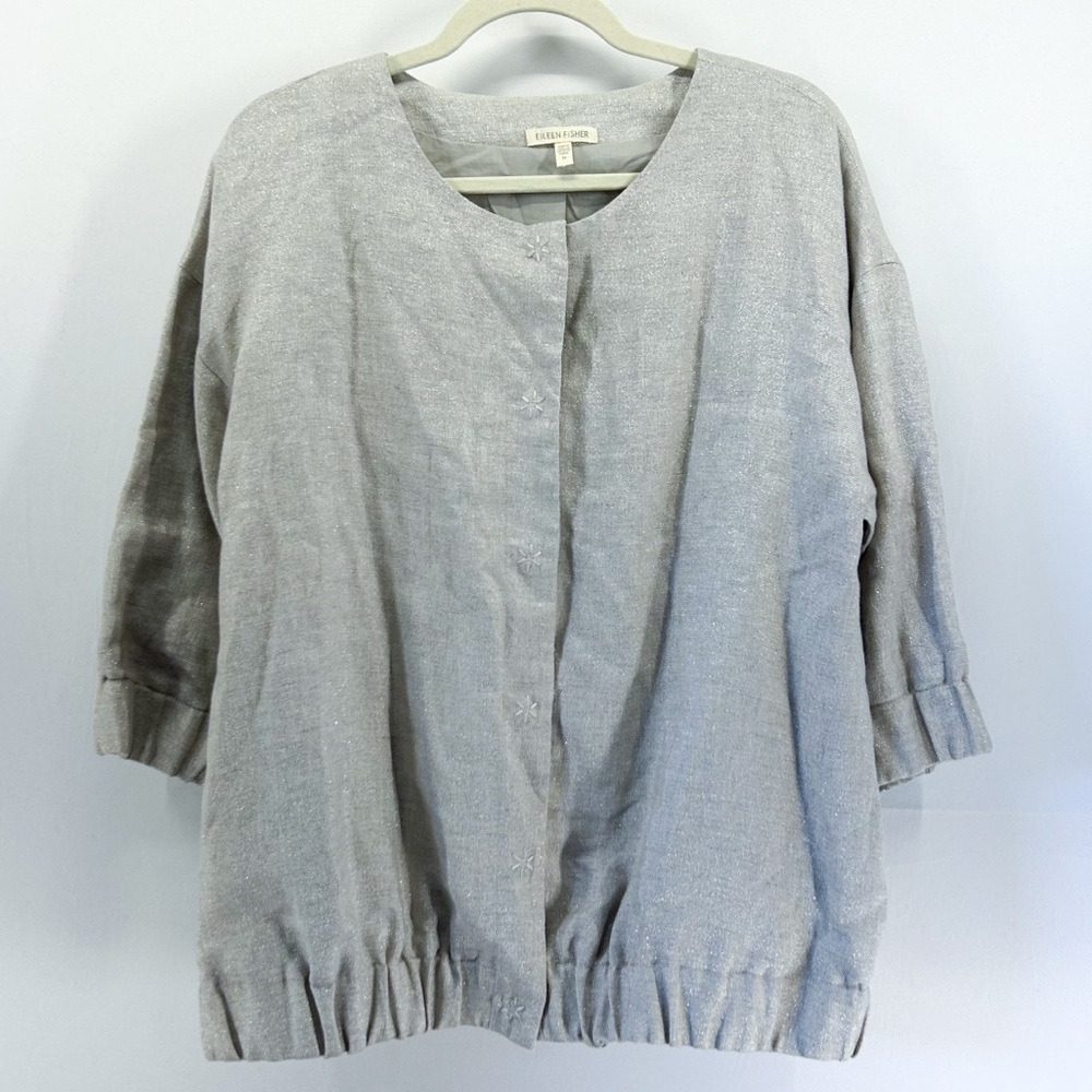 Eileen Fisher Oatmeal Marled Metallic Linen Snap Button Jacket Medium Lagenlook